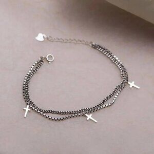 925 Sterling Silver Dainty Minimalist Cross Bracelet Layered Box Chain Bracelet